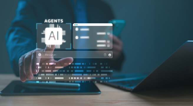 Professional businessman manages AI agents, artificial intelligence chatbot technology enabling automated customer service automation. Man touches futuristic virtual interface showing smart