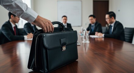 Hand placing briefcase on table with business people in suits in background.