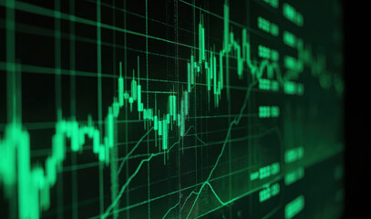 Green stock market chart displays financial data on digital screen. Candlestick graph indicates trading trends, economic analysis. Technology monitors investment growth, forex prices, market exchange