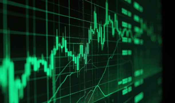 Green stock market chart displays financial data on digital screen. Candlestick graph indicates trading trends, economic analysis. Technology monitors investment growth, forex prices, market exchange