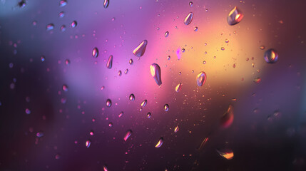 Raindrop condensation drops on glass surface illuminated by colorful purple and orange light creating dreamy and vibrant abstract background with soft focus and bokeh effect