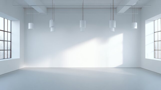 Large, empty room with white walls and a white ceiling. The room is bare and uncluttered, with no furniture or decorations. The space is open and airy, with a large window letting in natural light