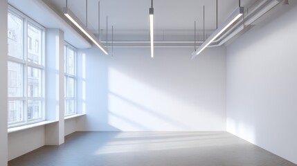 Obraz premium Large, empty room with a white wall and a window. The room is very bright and open, with a lot of natural light coming in through the window. The space feels clean and uncluttered