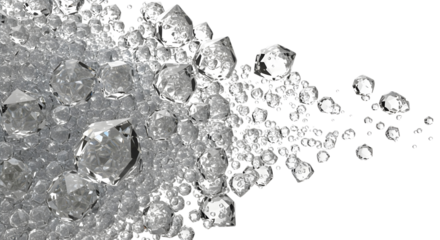 An explosion of large, clear sugar crystals, creating a sparkling, abstract cloud. The crystalline structure is captured in macro detail. High-speed  on a transparent background.