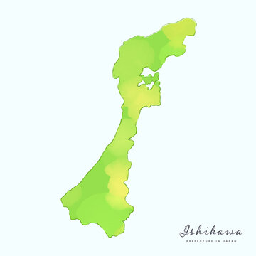 水彩で描いた、石川県の地図。日本の47都道府県の地図シリーズ, A