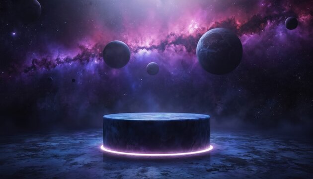 Futuristic podium on illuminated galaxy background with planets and nebula. Circular platform with neon light base ideal for product presentation, marketing, or launch events.