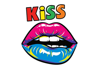 Colorful pop art kiss with text isolated on white background