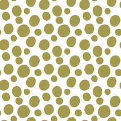 Seamless pattern featuring olive green polka dots on transparency background, creating bold and modern design. circular shapes are evenly distributed, offering playful and stylish look