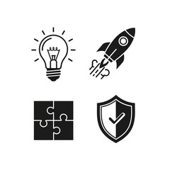 Icons of idea, rocket, puzzle, and shield with check mark on white.