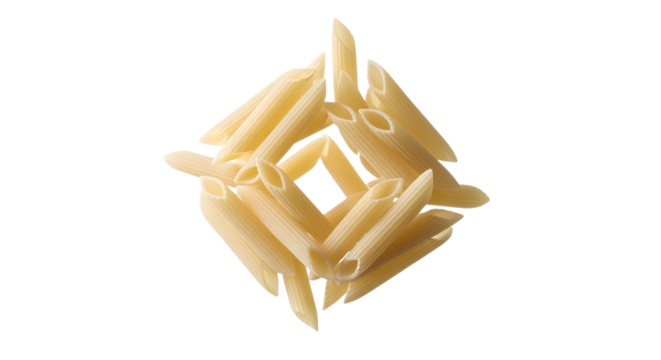 A formation of uncooked penne pasta tubes, levitating in a geometric, organized pattern. The ridged texture is clearly visible. Photorealistic , isolated on a transparent background.