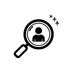 Magnifying glass focusing on a person icon, symbolizing human resources, recruitment, and talent search.