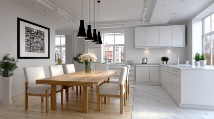 Large, modern kitchen with white cabinets and a white dining table. The table is surrounded by white chairs and a vase of flowers. The kitchen is well-lit and has a clean, minimalist design