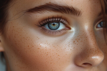 Fototapeta premium Hyper-Real Freckled Skin Macro with Blue Eye and Natural Glow