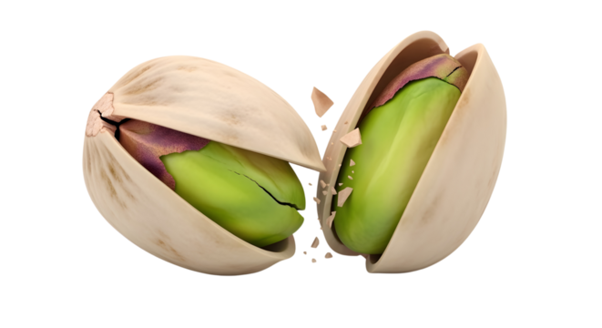A single pistachio nut, its pale shell cracking open to reveal the vibrant green kernel inside. The action is frozen mid-crack. High-detail  on a transparent background.