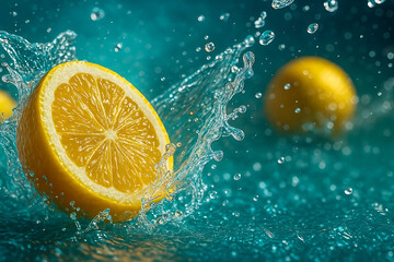 Sliced fruits with splash on a white platform with orange bg