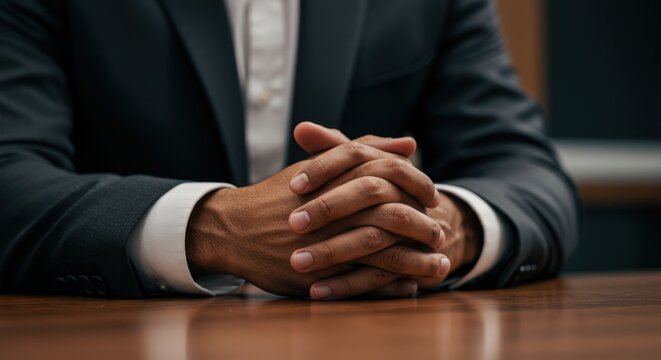 Man in suit sits at table with hands clasped in front of him.