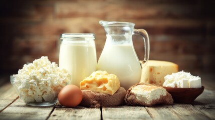 A still life scene featuring various dairy products and eggs, including a glass pitcher, milk bottle,