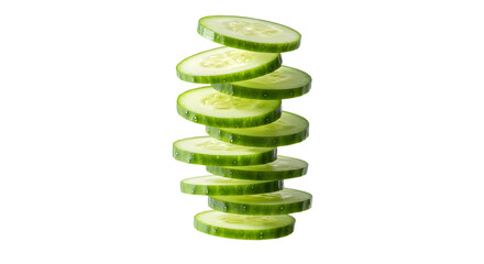 Thin, translucent slices of green cucumber, levitating in a clean, overlapping vertical stack. The seeds and watery texture are visible. Photorealistic  on a transparent background.
