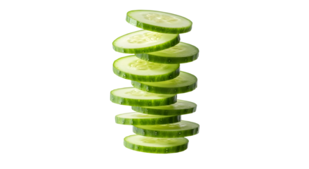 Thin, translucent slices of green cucumber, levitating in a clean, overlapping vertical stack. The seeds and watery texture are visible. Photorealistic  on a transparent background.
