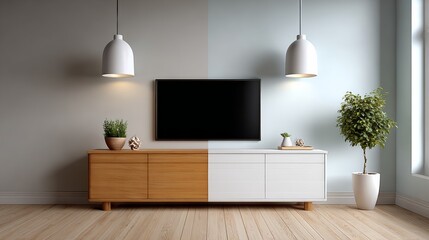 Living room with a white and brown entertainment center, a television, and a potted plant. The room has a modern and minimalist design, with the white and brown color scheme creating a clean