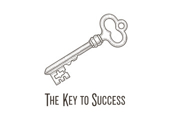 Vintage key illustration, the key to success isolated on white background