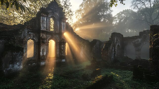 A mystical dawn where sunlight pierces the broken stones of forgotten ruins, bathing the ancient site in glowing light. - Powered by Adobe