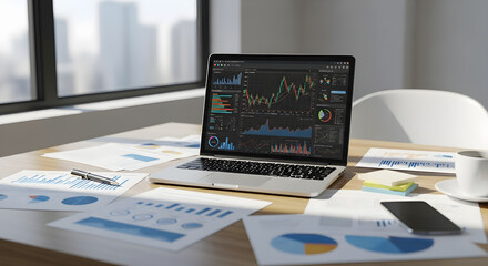 Sleek silver laptop on a wooden desk displaying complex financial data charts surrounded by printed business reports.