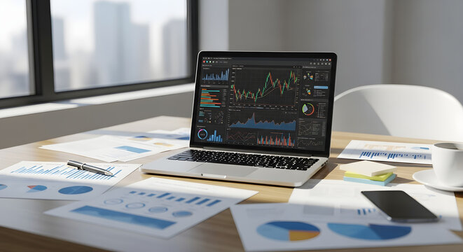 Sleek silver laptop on a wooden desk displaying complex financial data charts surrounded by printed business reports.