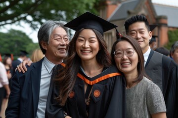 Happy Asian graduate celebrates with family in a heartfelt outdoor embrace. This genuine documentary moment uses natural light and a wide-angle, blurred background.