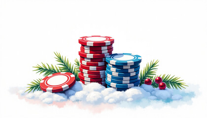 Poker chips stacked on snow with holiday decorations, winter gaming theme