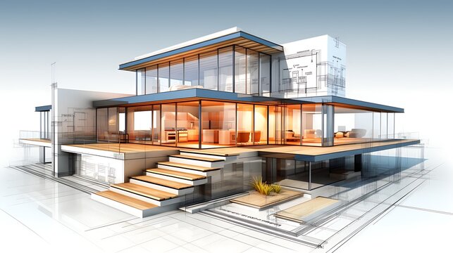 Conceptual image of a modern home structure emerging vertically from a blueprint floor plan, clean lines and full perspective.
