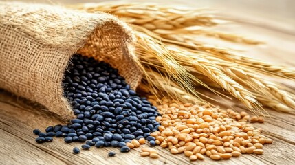 Black Beans and Wheat Grains in a Rustic Sack