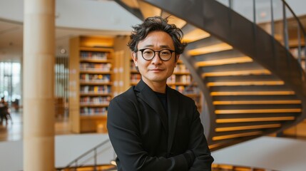 Asian graduate's professional corporate portrait in a modern university library, featuring a blurred spiral staircase with strong leading lines under professional lighting.