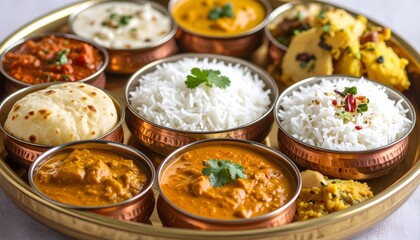 Copper-Served Indian Thali with Rice, Roti, and Assorted Sabzis