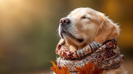 Golden Retriever dog with closed eyes wearing a scarf, holding fall leaves, enjoying autumn breeze in the park.