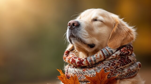 Golden Retriever dog with closed eyes wearing a scarf, holding fall leaves, enjoying autumn breeze in the park.