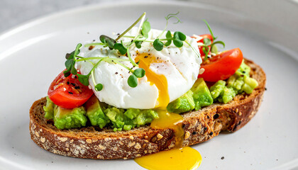 Avocado toast with poached egg, cherry tomatoes and microgreens. Tasty food. Healthy breakfast