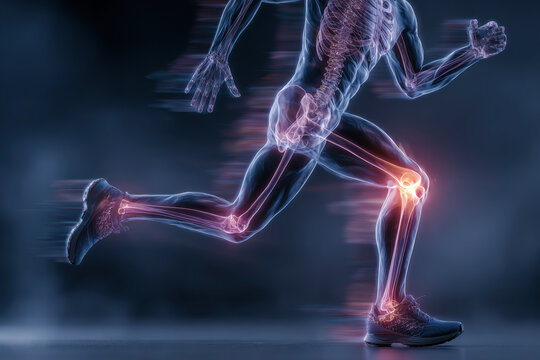Runner Anatomy: A translucent view of a person running, displaying the skeletal and muscular system.
