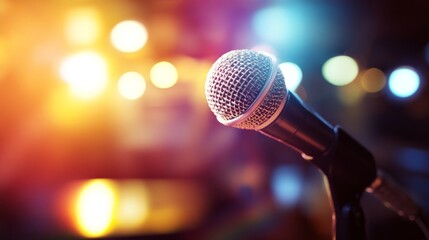 A single microphone with intricate mesh details stands sharply against a blurred bokeh light background,