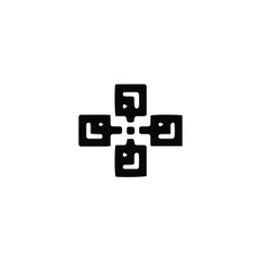 Obraz premium Abstract black and white graphic of a cross shape with square elements, creating a geometric design.