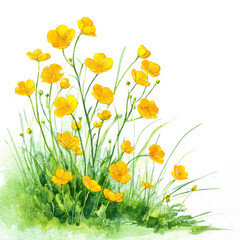 Fototapeta premium Bright yellow buttercup flowers blooming with fresh green grass