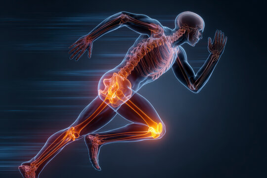 Anatomical illustration of a human figure running with visible bones, joints and muscles.