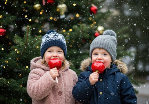 Two children enjoying candy apples in front of a decorated christmas tree in the snow
