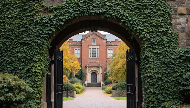 Ivy-covered archway leads to red brick university building courtyard. Autumn leaves on trees in vibrant yellow and orange hues. Stone pathway, gothic architecture, academic campus setting.