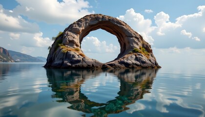 Fototapeta premium a ring shaped rock formation rising from the water, mirrored below.