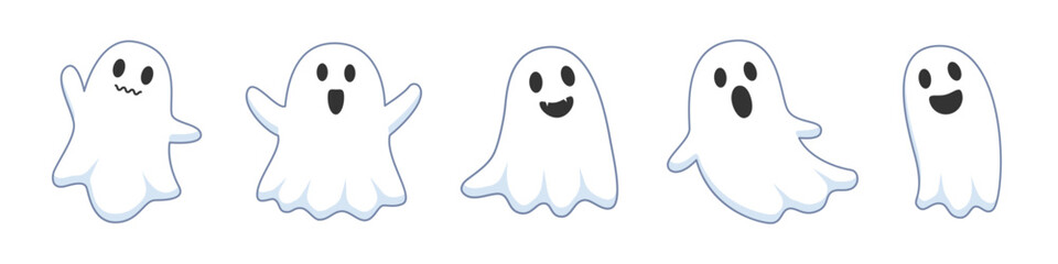 Set cute ghosts on white background. The symbol of the Happy Halloween holiday. White ghosts with smile for your design holiday Halloween. Vector illustration.