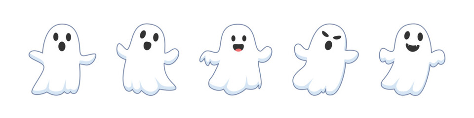 Set cute ghosts on white background. The symbol of the Happy Halloween holiday. White ghosts with smile for your design holiday Halloween. Vector illustration.