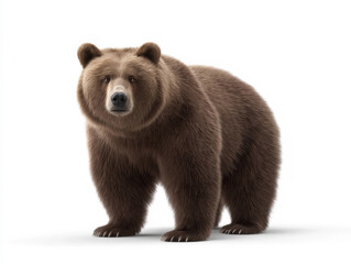 Fototapeta premium Realistic brown bear standing upright on white background, showcasing its thick fur, strong physique, and natural expression, representing wildlife and nature conservation themes