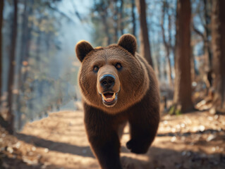 Fototapeta premium Grizzly bear walking through a sunlit forest path, showcasing its powerful physique and natural habitat, surrounded by trees and earthy tones, embodying wildlife in motion