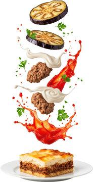 Flying ingredients for moussaka grilled eggplant slices minced meat b chamel sauce tomato sauce and parsley isolate